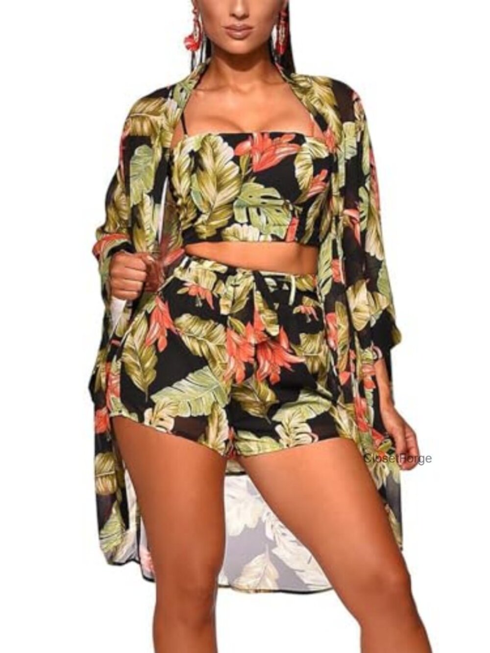 Women 3 Piece Summer Vacation Outfit Kimono Cardigan Cover Up Set